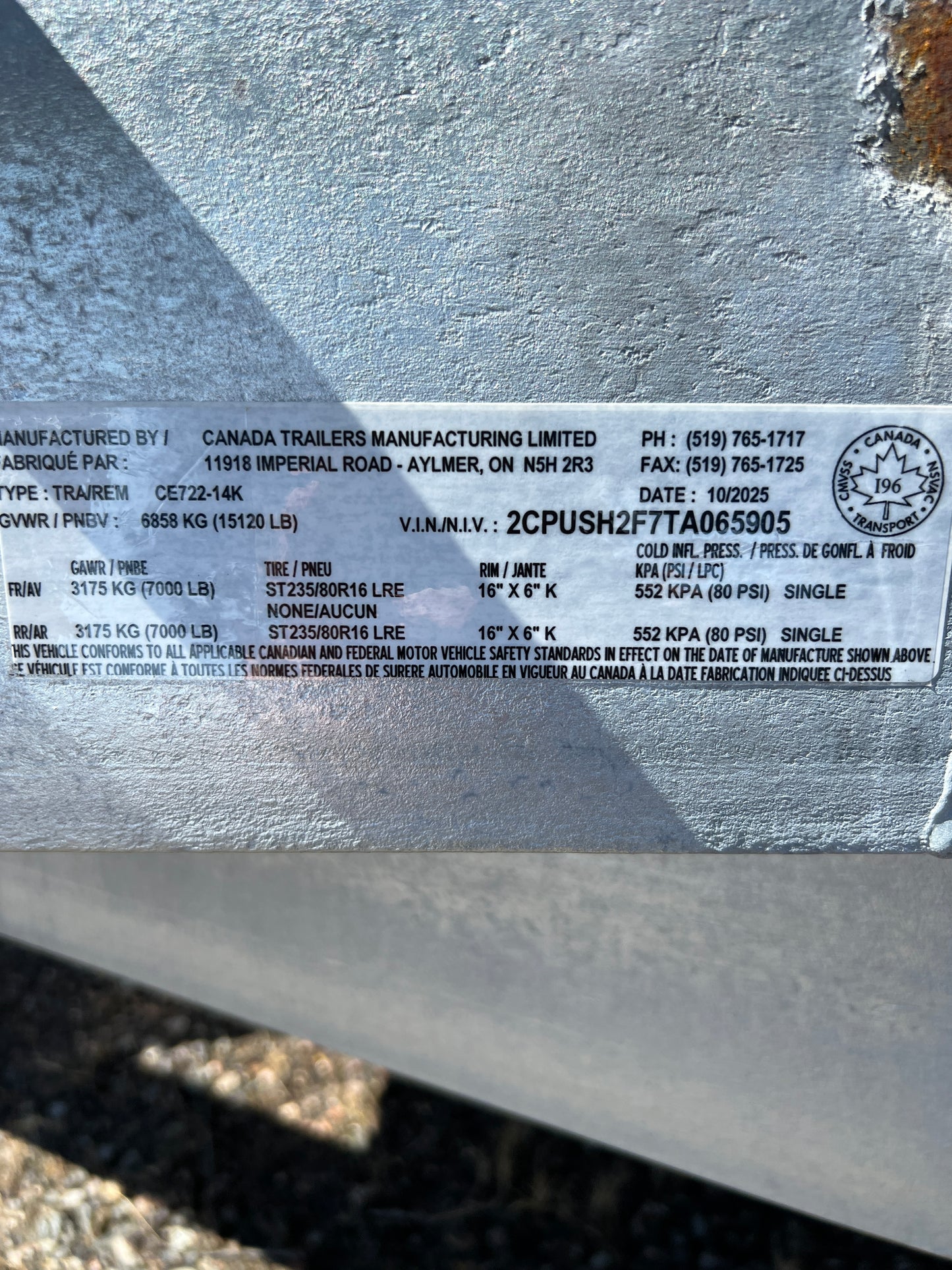 2026 Cargo Equipment Trailer (CE722-14K) GVWR: 15, 120lbs, #65905