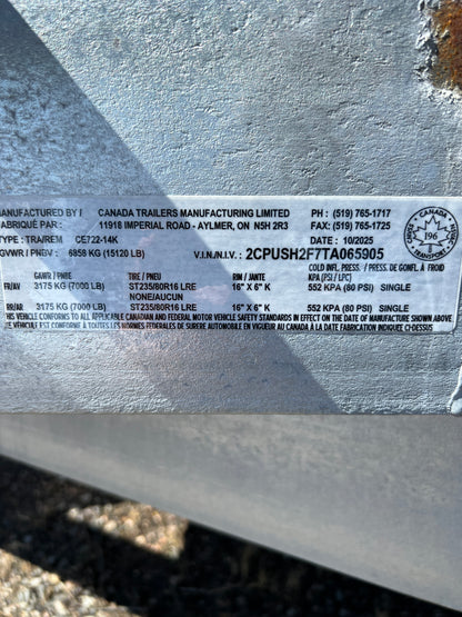 2026 Cargo Equipment Trailer (CE722-14K) GVWR: 15, 120lbs, #65905